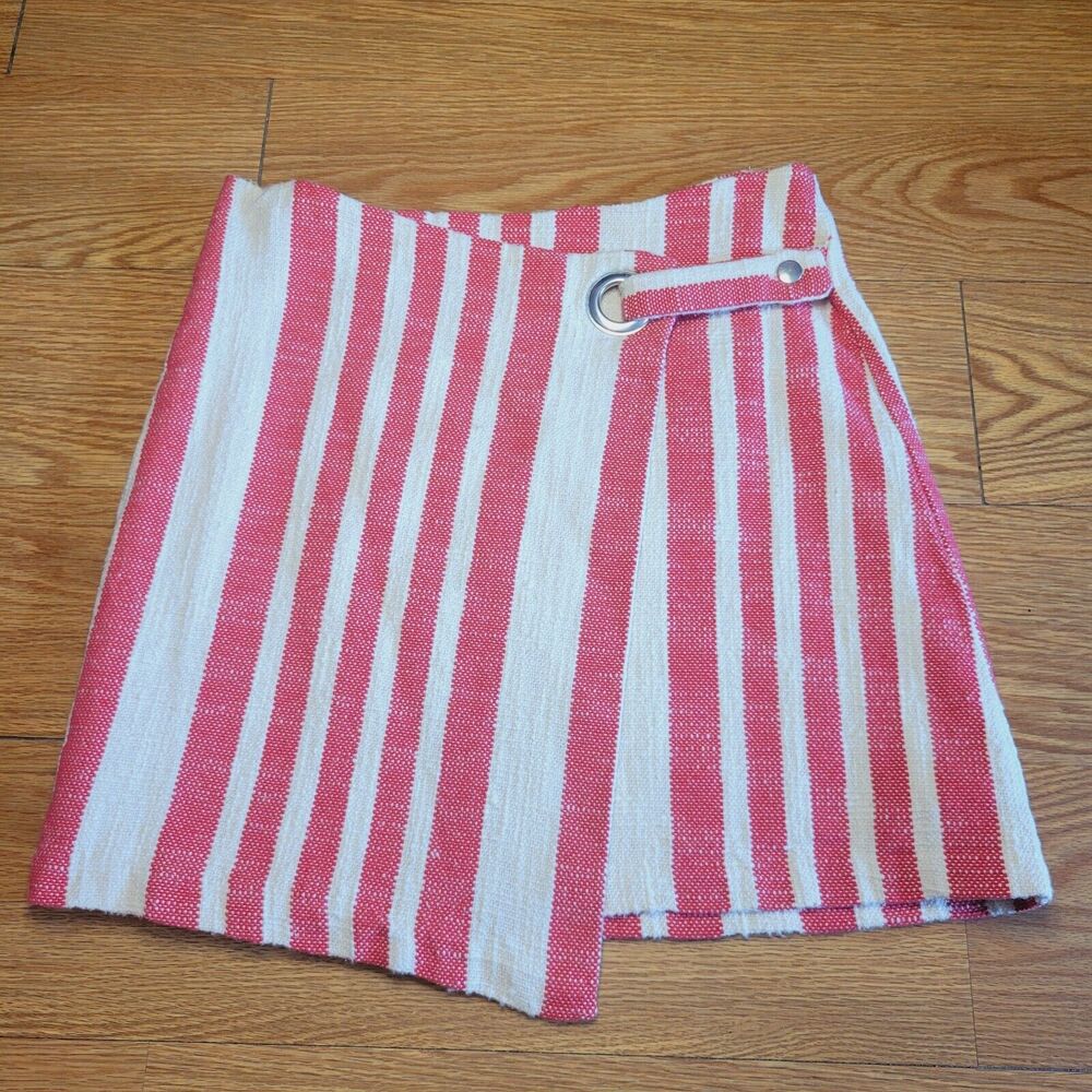 Free People Women's It's A Wrap Striped Wrap Mini Skirt Size Large Red Cream